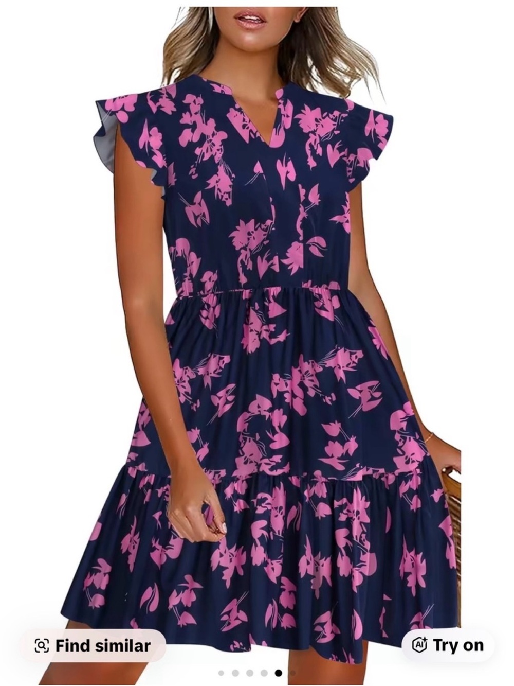 Navy Floral Flutter Sleeve Mini Dress with Pink Print